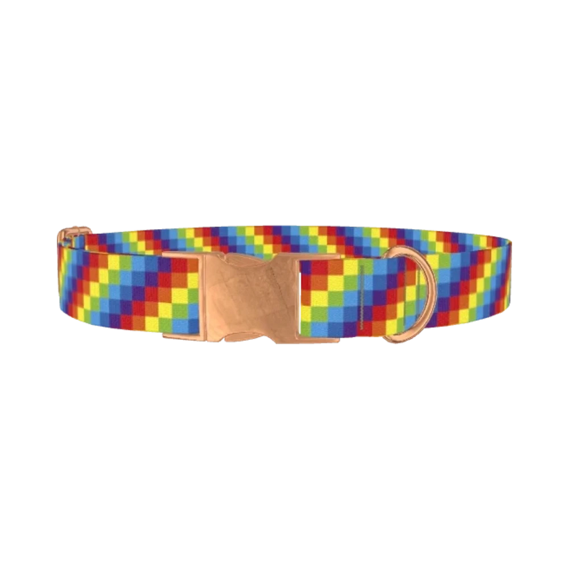 Rainbow Checkered Dog Collar - metal rose gold