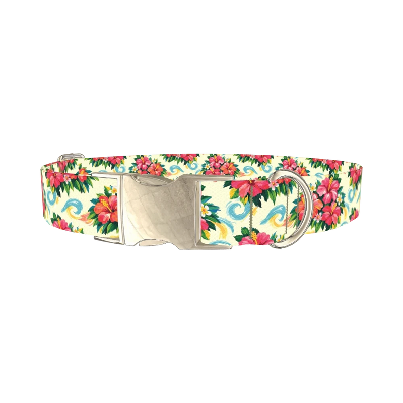 Tropical Hibiscus Dog Collar - metal silver