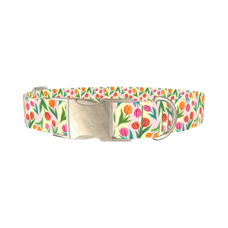 Floral Tulip Stripes Dog Collar - metal silver