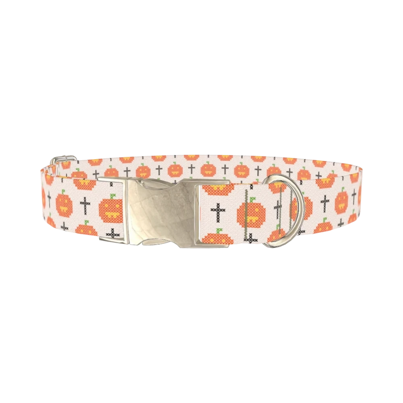 Halloween Cross-Stitch Dog Collar - metal silver
