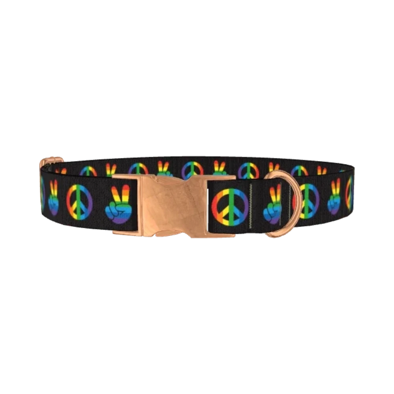 Rainbow Peace Dog Collar - metal rose gold