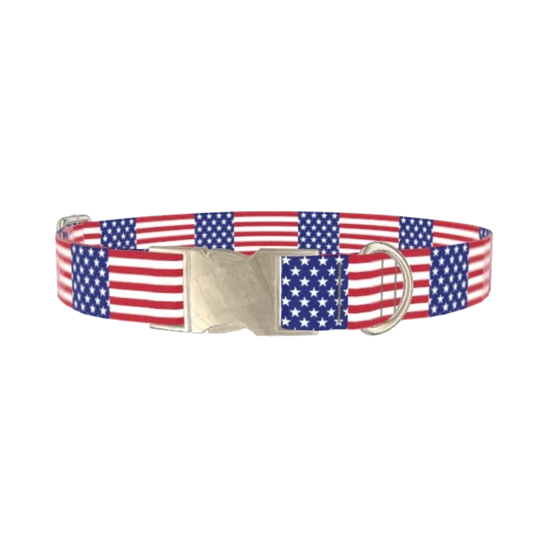 Patriotic American Flag Dog Collar - metal silver