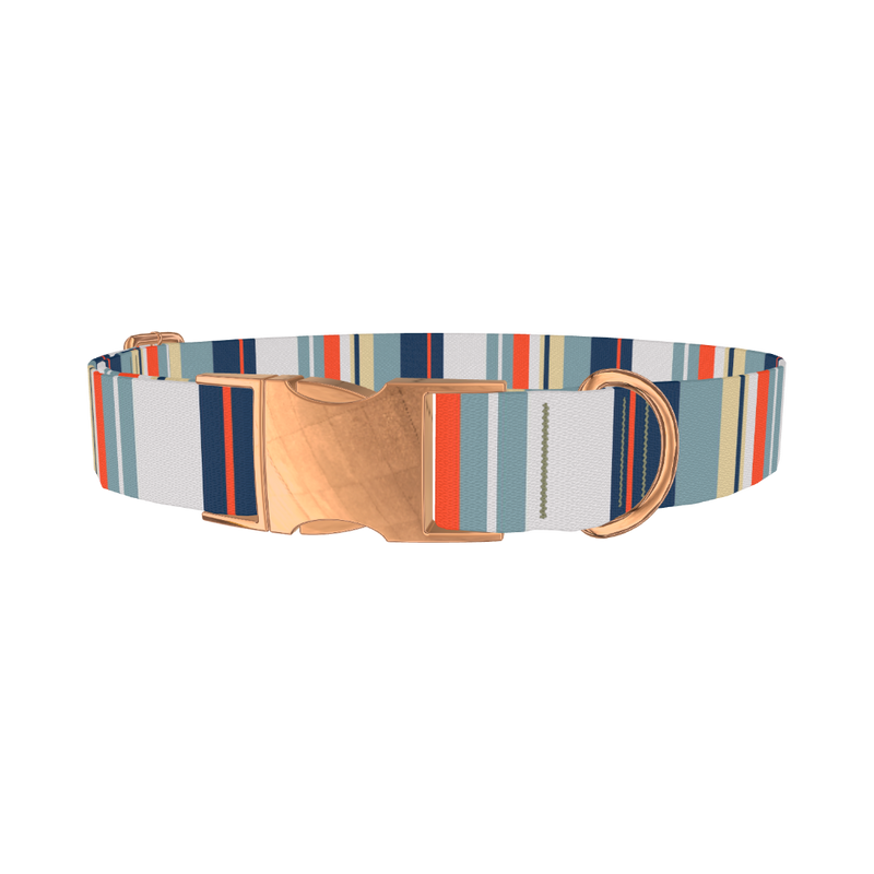 Beige Blue Stripe Dog Collar - metal rose gold