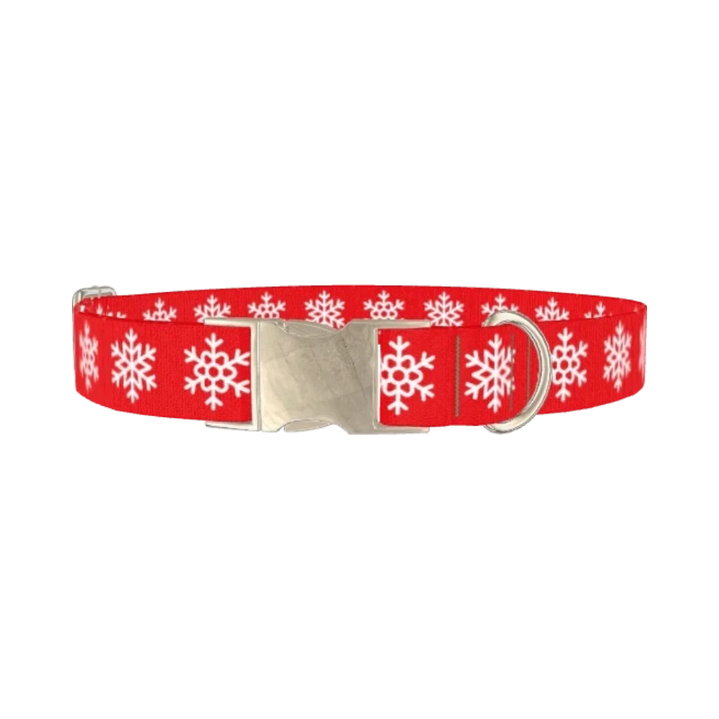 Red Snowflake Pattern Dog Collar - metal silver