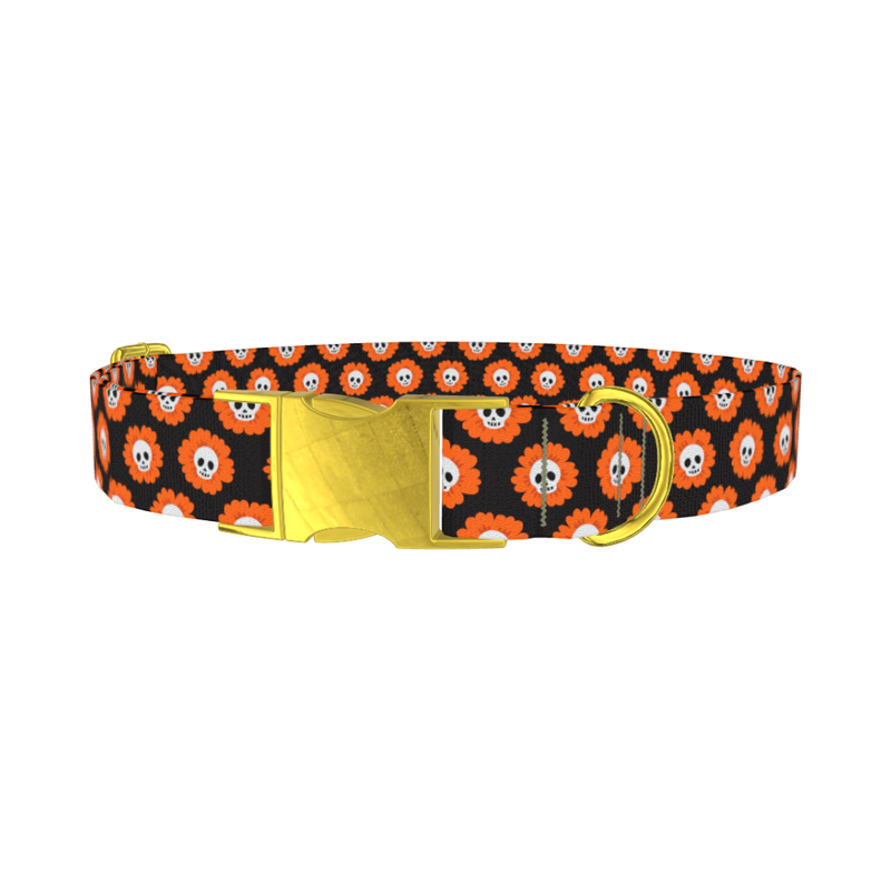 Halloween Skull Flower Dog Collar - metal gold