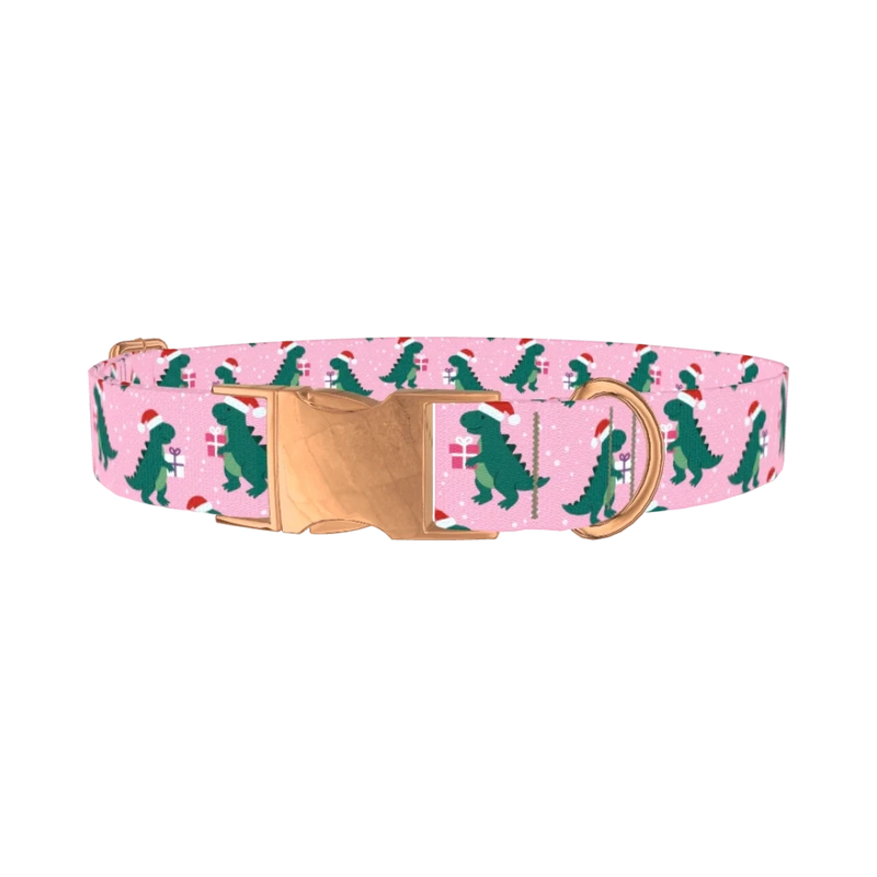 Christmas Dino Dog Collar - metal rose gold