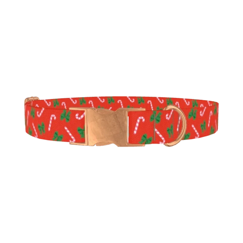 Festive Bows and Candy Canes Dog Collar - metal rose gold
