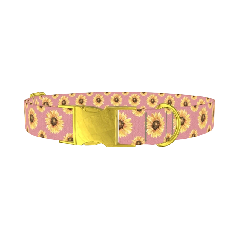 Pink Sunflower Dog Collar - metal gold