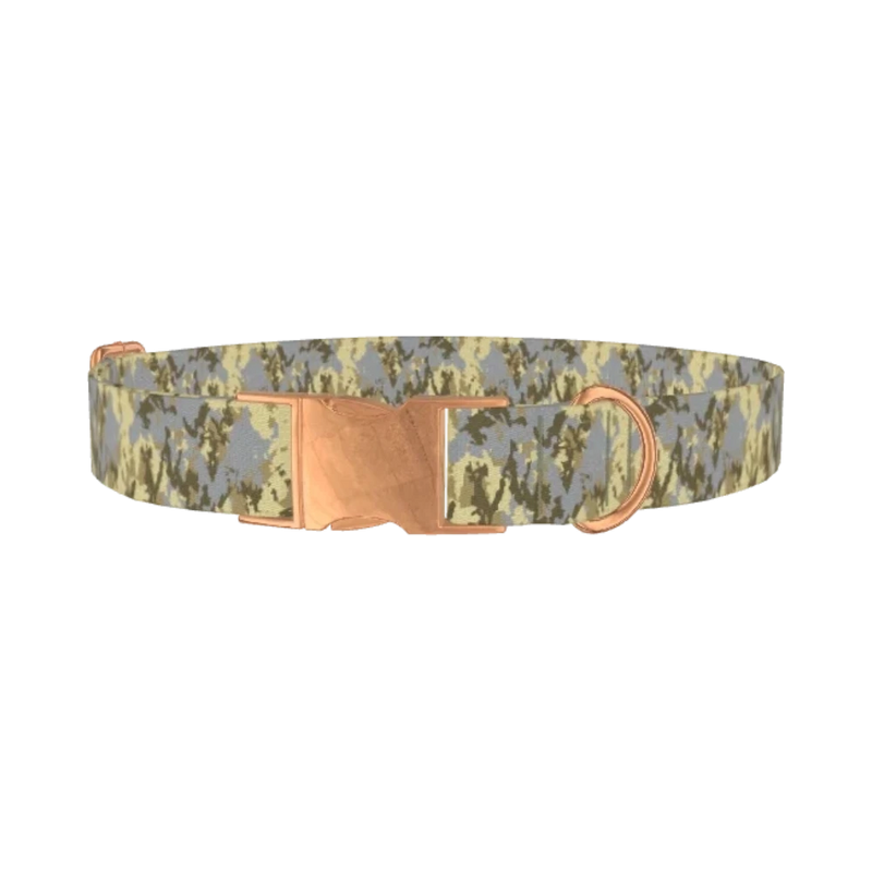Yellow Grey Camo Dog Collar - metal rose gold