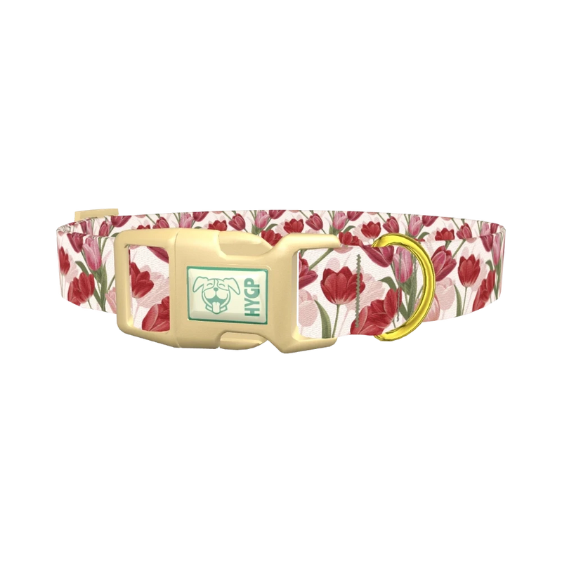 Red Pink Tulip Dog Collar - plastic gold