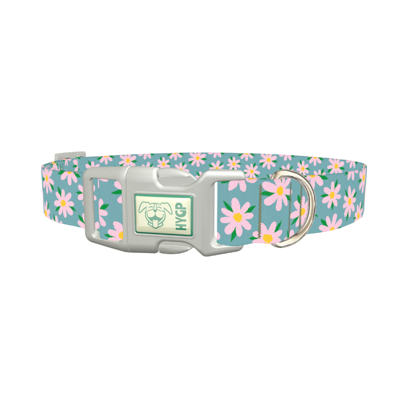 Floral Pink Camomile Dog Collar - plastic silver