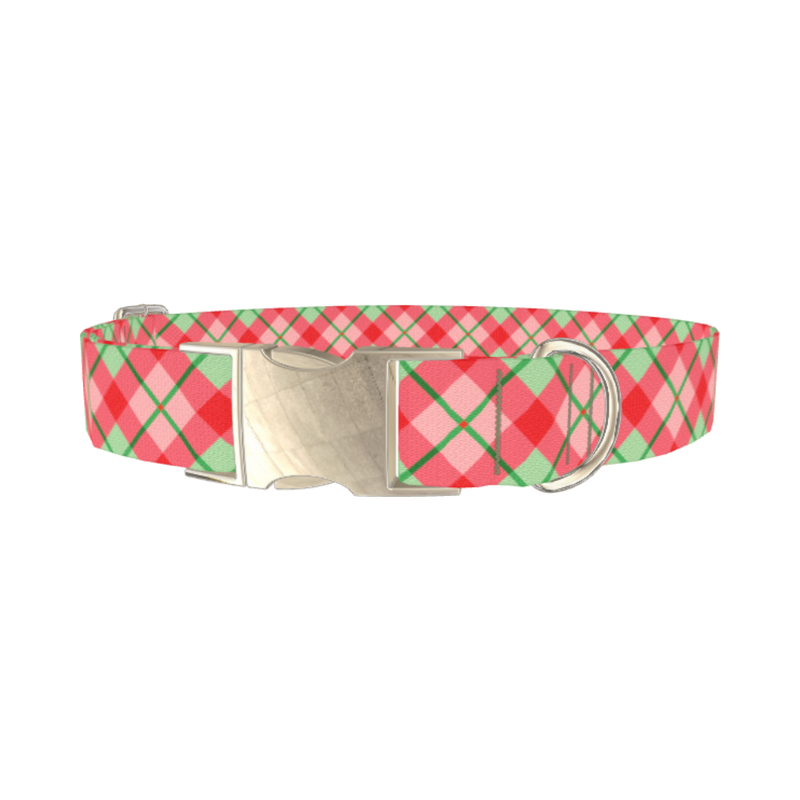 Festive Pink Plaid Dog Collar - metal silver