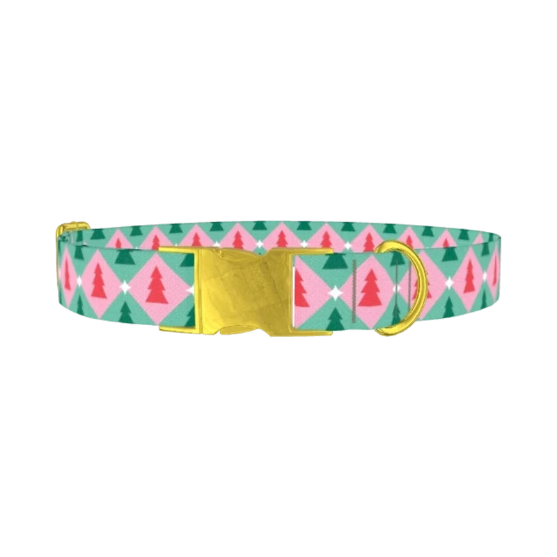 Geometric Pink Green Tree Dog Collar - metal gold