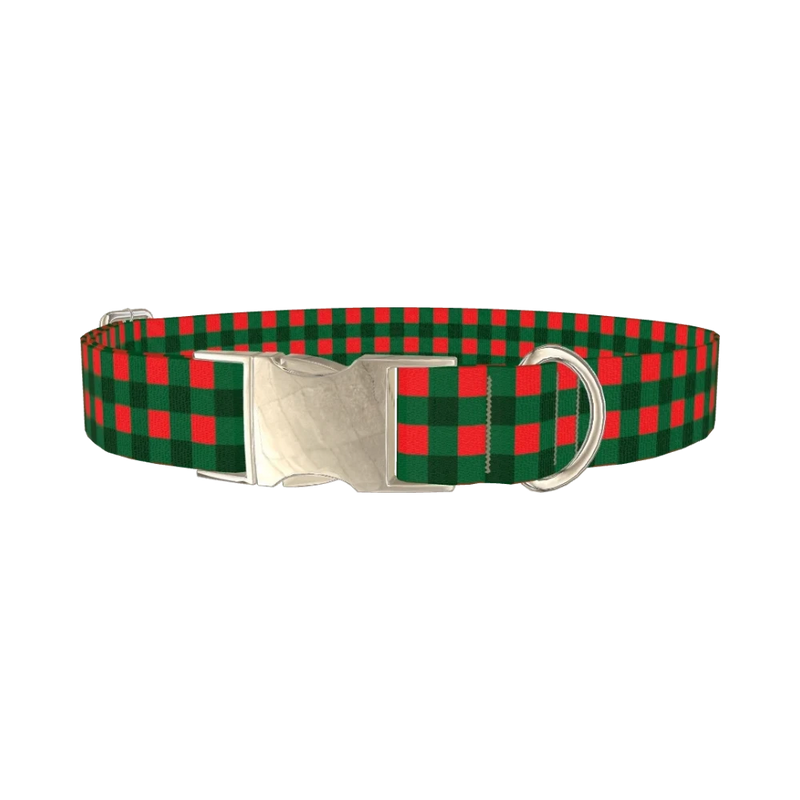 Plaid Green Dog Collar - metal silver