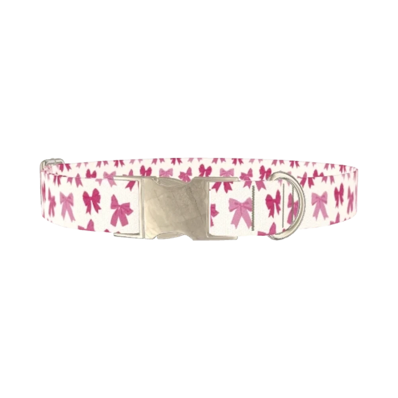 Pink Ribbon Bow Dog Collar - metal silver