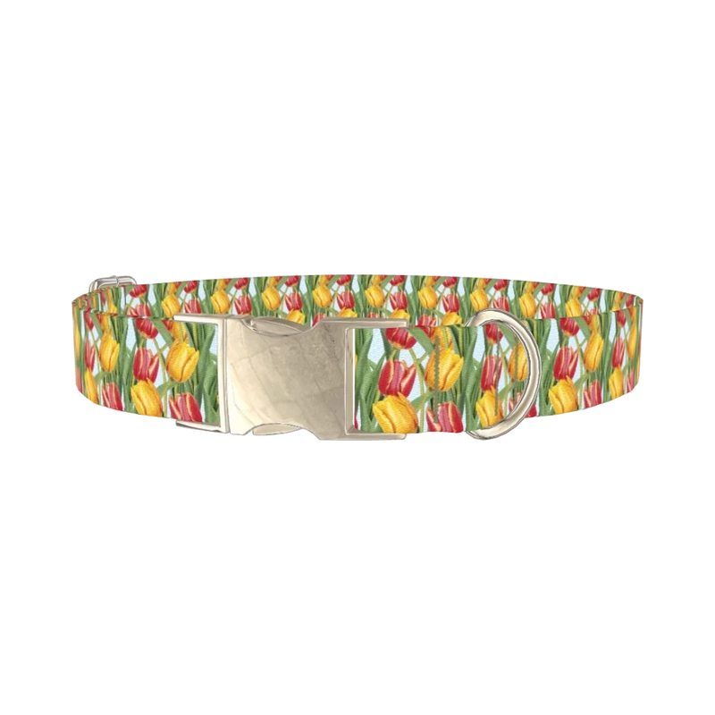 Red Yellow Tulip Dog Collar - metal silver