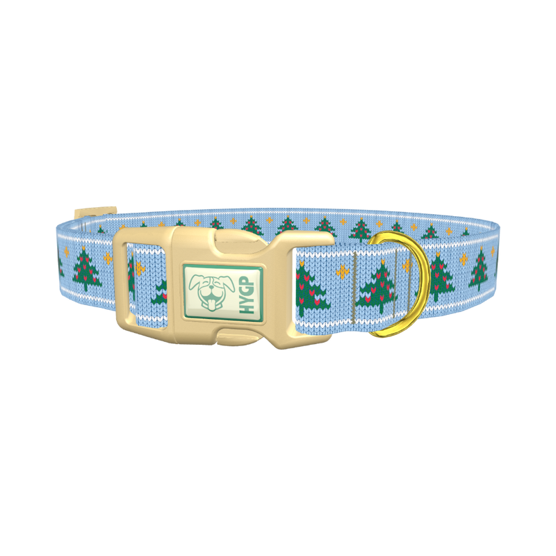 Blue Knitted Christmas Tree Dog Collar - plastic gold