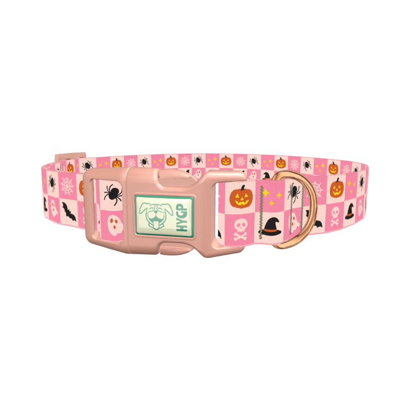 Halloween Tiles Dog Collar - plastic rose gold