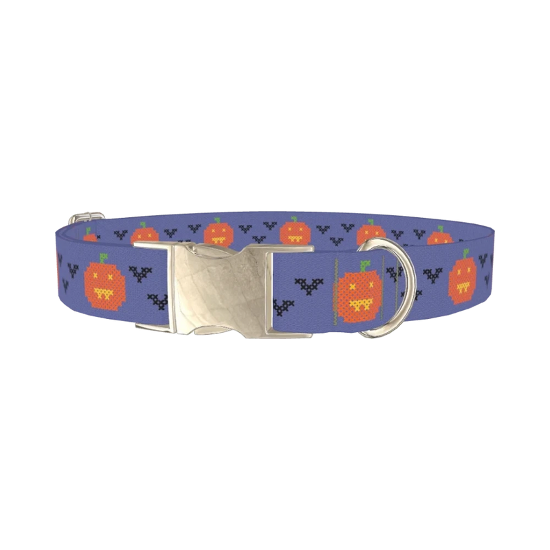Pumpkin Cross Stitch Dog Collar - metal silver
