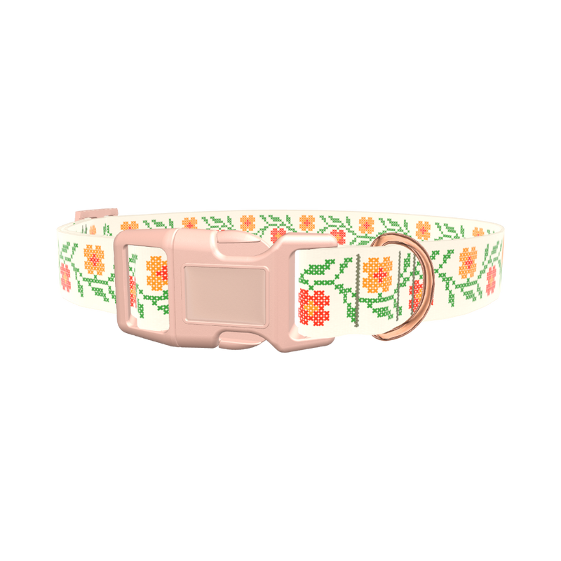 Cross Stitch Flower Dog Collar - plastic gold