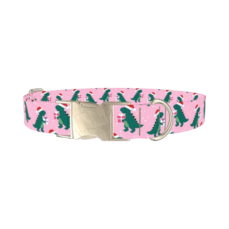 Christmas Dino Dog Collar - metal silver