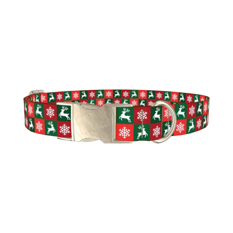 Christmas Plaid Deer Dog Collar - metal silver