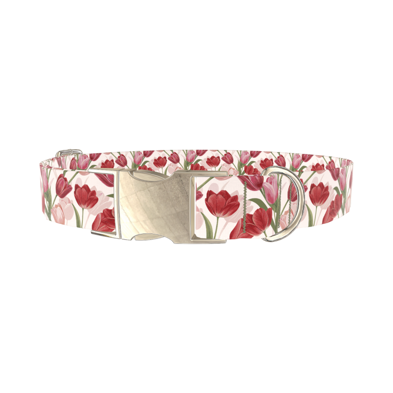 Red Pink Tulip Dog Collar - metal silver