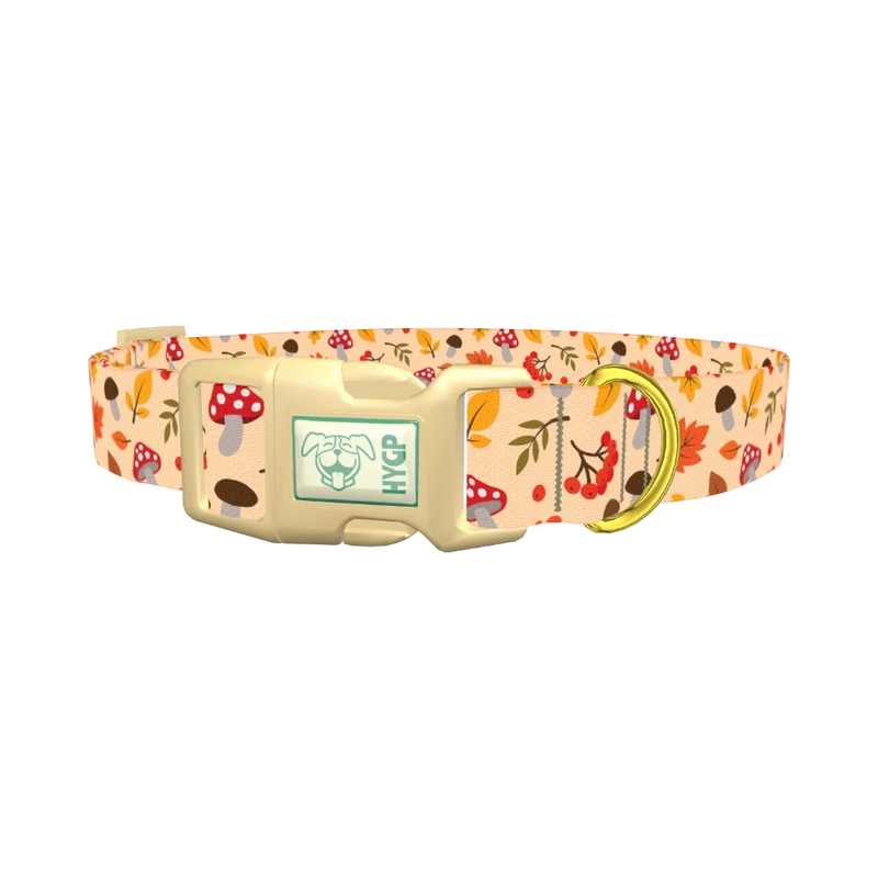 Autumn Leaves and Mushrooms Dog Collar - plastic gold