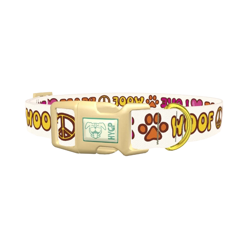Peace Love Woof Dog Collar - plastic gold