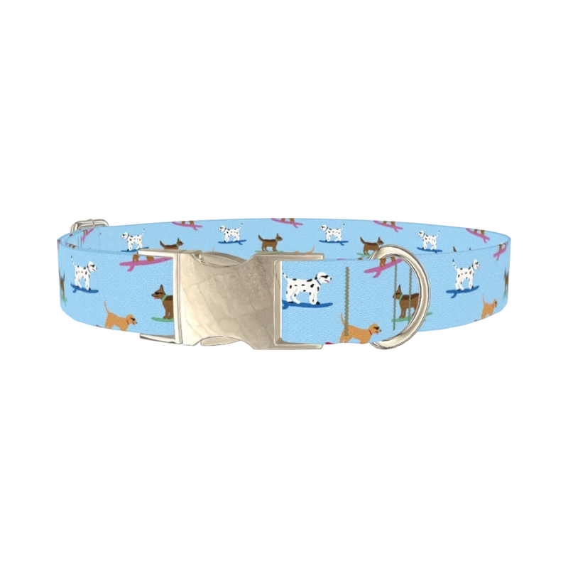 Surfing Dogs Blue Dog Collar - metal silver