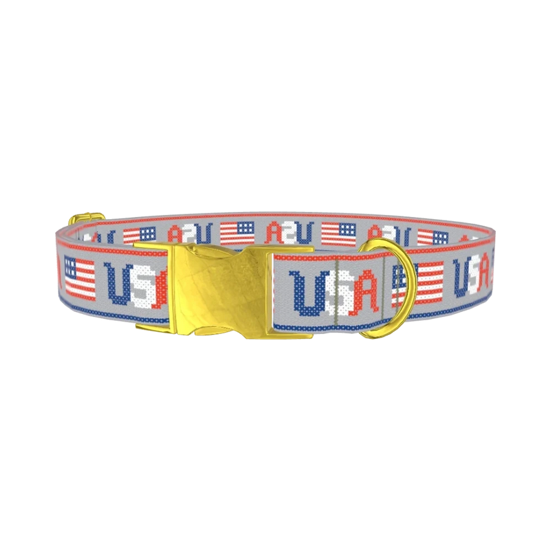 Patriotic USA Flag Dog Collar - metal gold